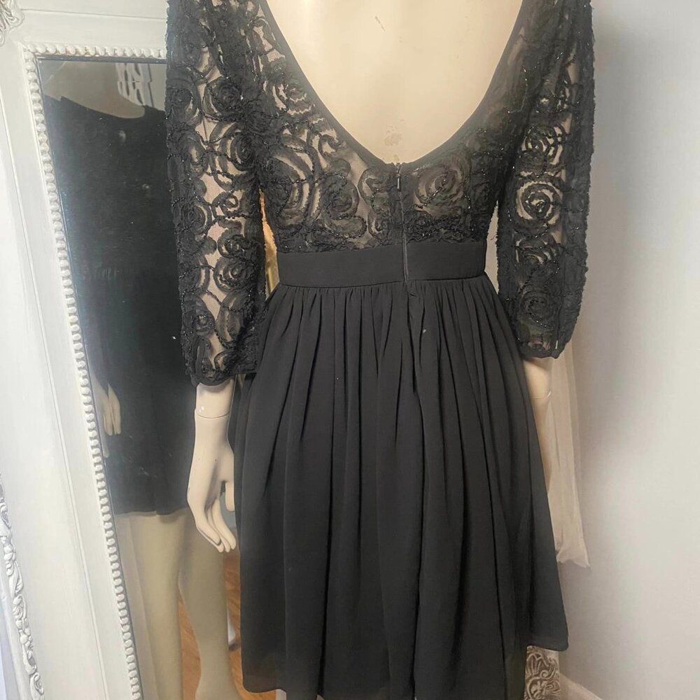 Little black party dress sheer low back puff sleeve beaded lace dress party dess